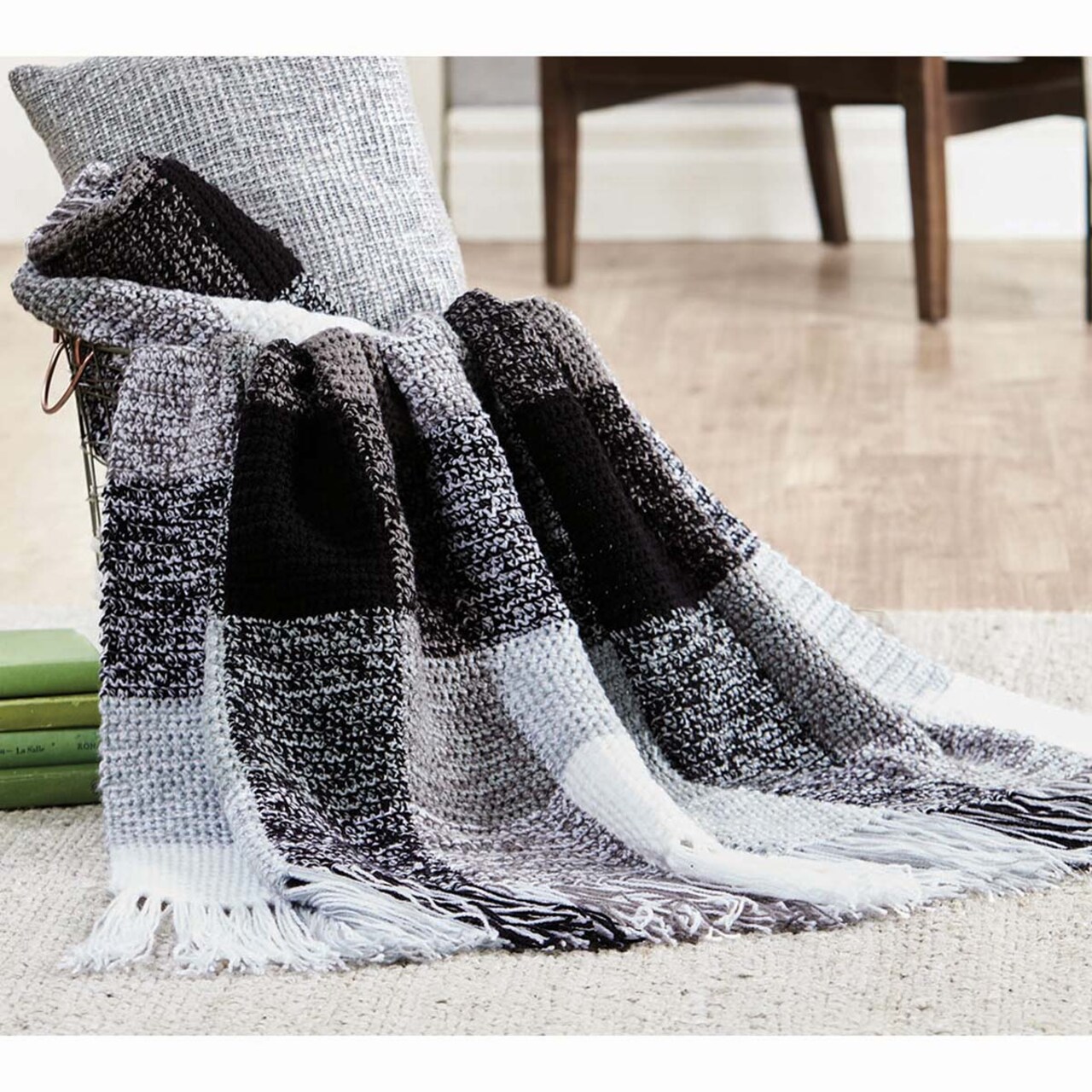 Herrschners  Black &#x26; White Plaid Blanket Crochet Kit